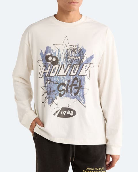 Man wearing a graphic T-shirt.