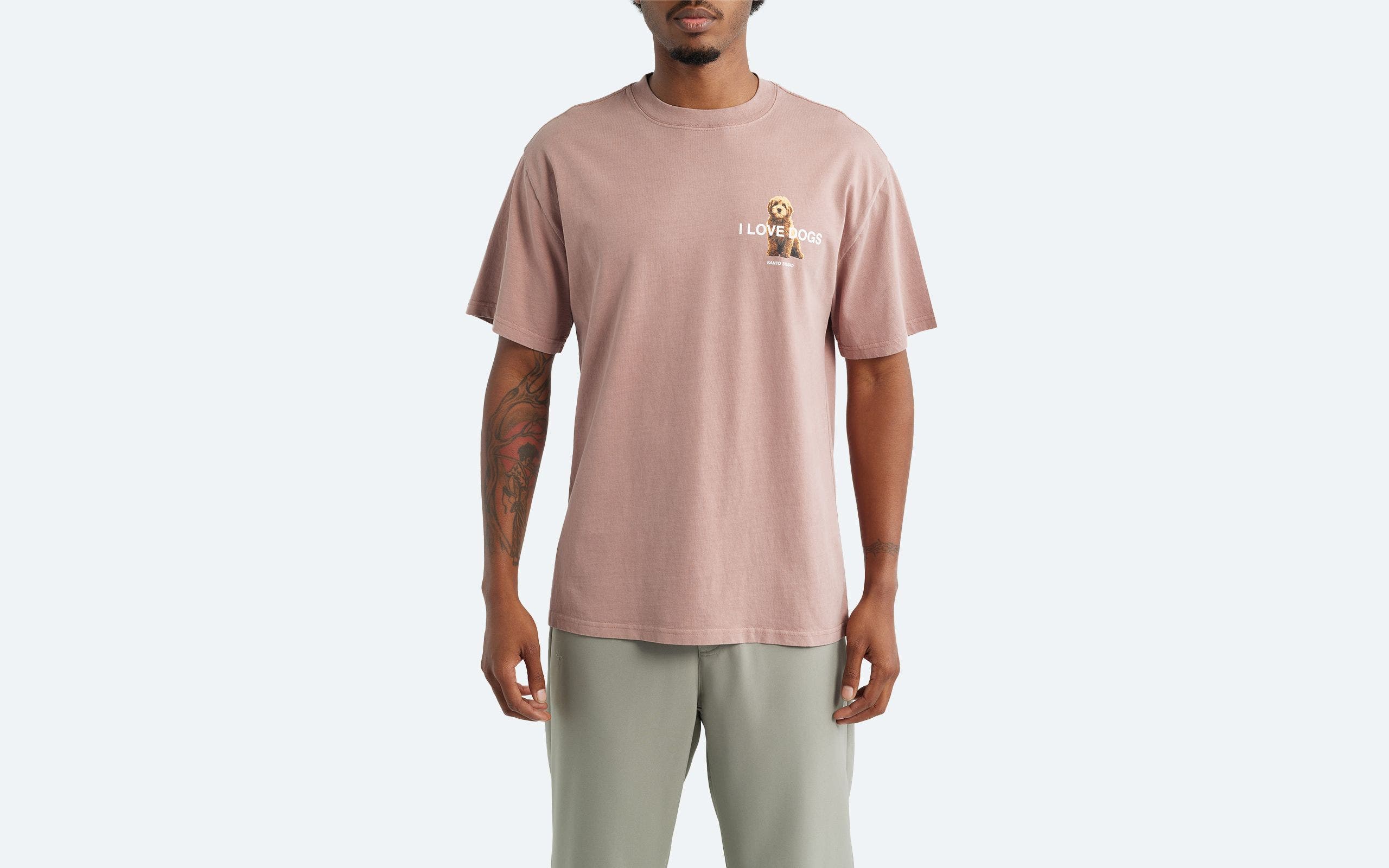 Man wearing a graphic T-shirt.