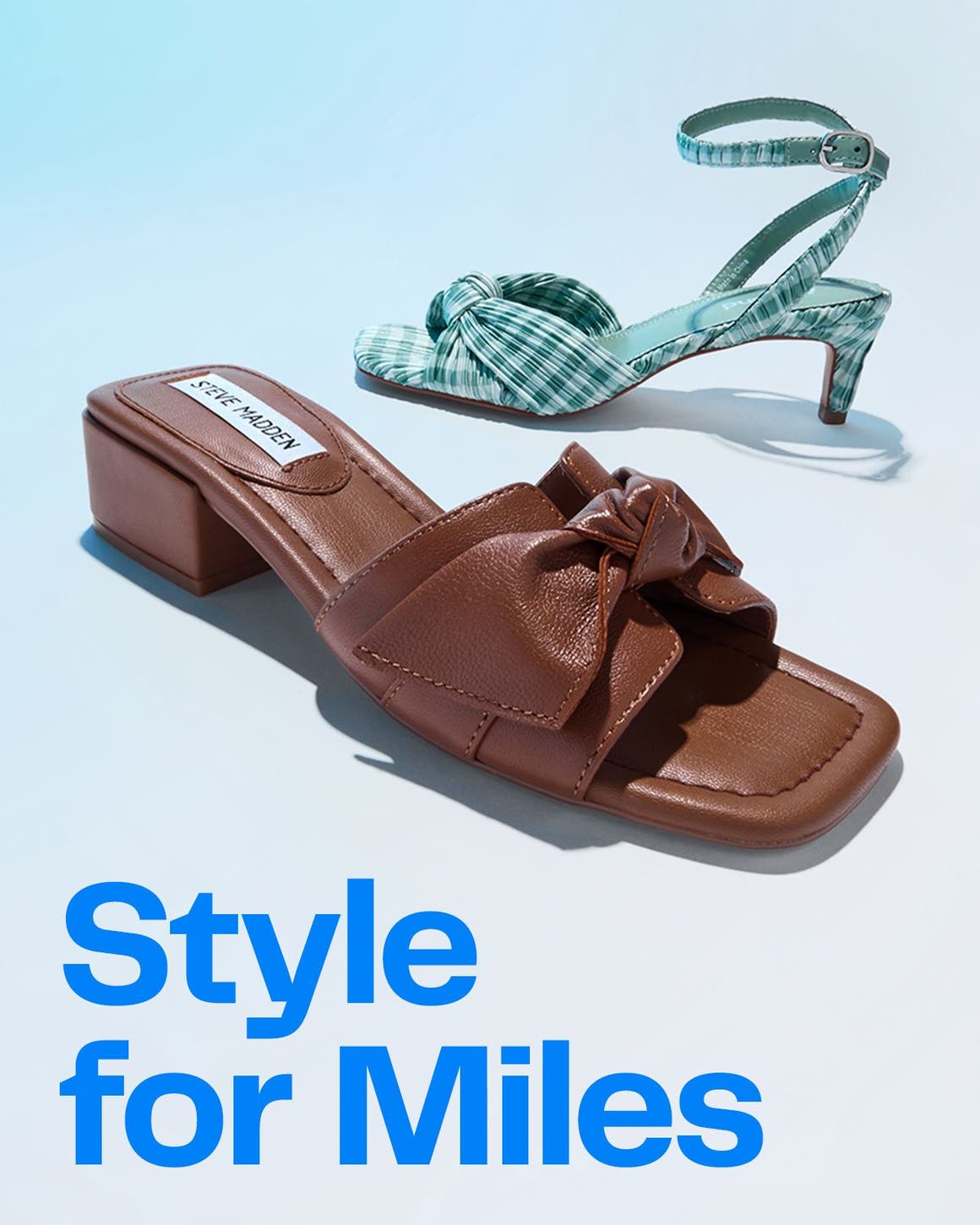 A brown slip-on sandal and a gingham ankle-strap sandal.