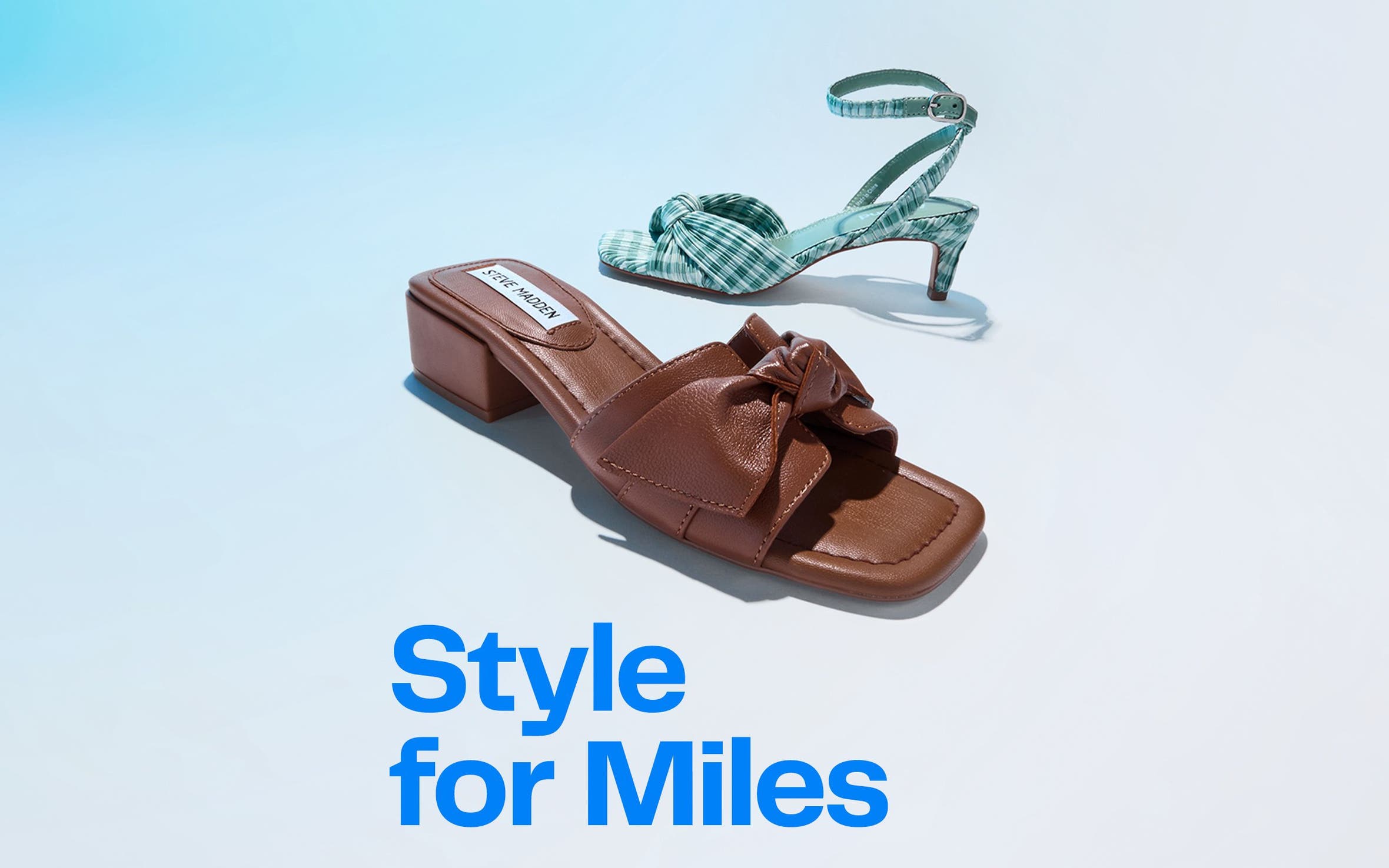 A brown slip-on sandal and a gingham ankle-strap sandal.