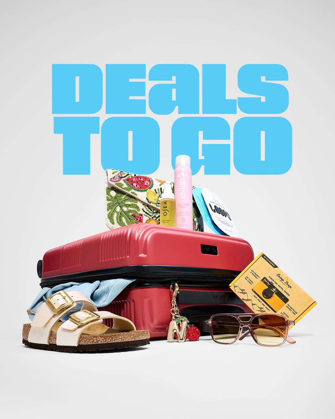 A variety of warm-weather vacation items.