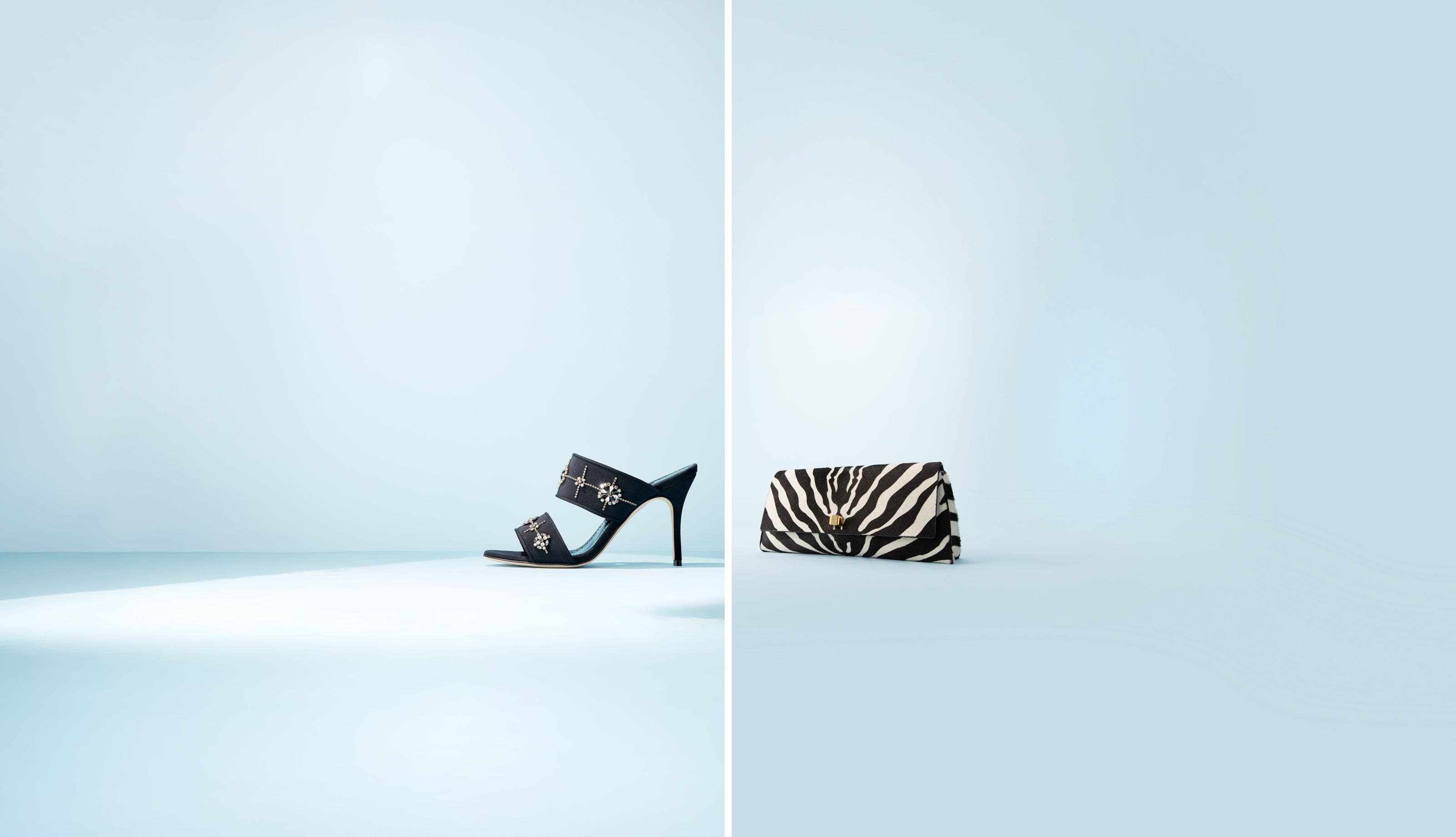 Manolo Blahnik embellished heels; Khaite zebra-print handbag.