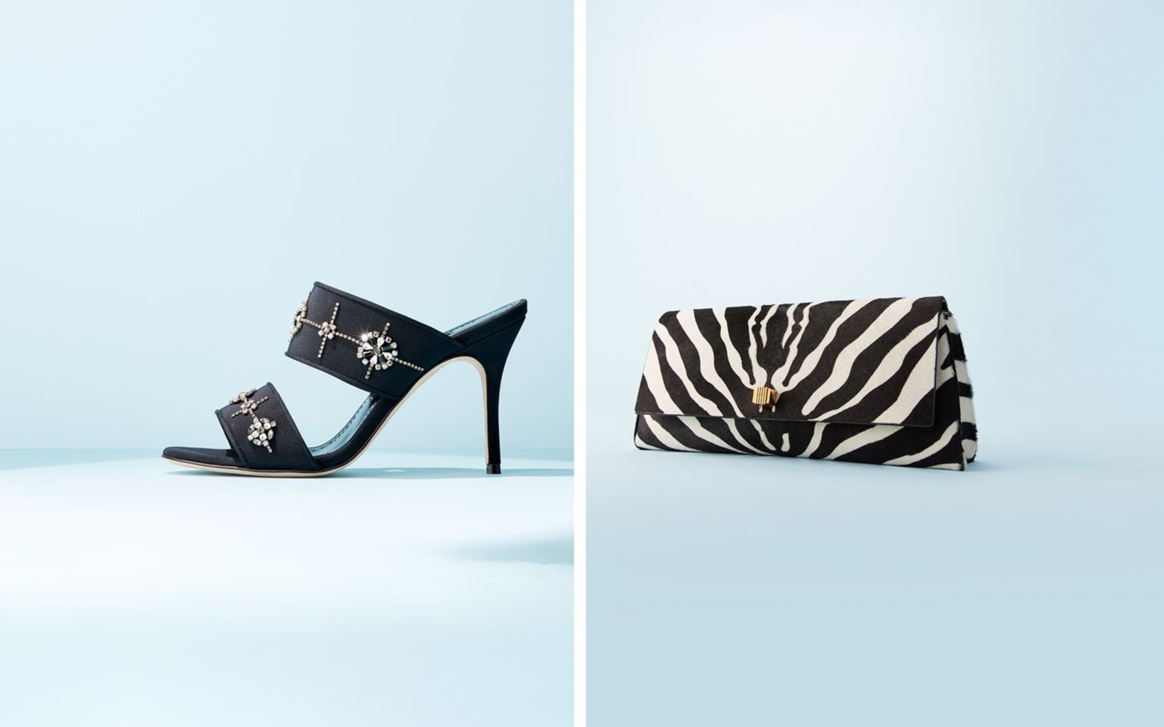 Manolo Blahnik embellished heels; Khaite zebra-print handbag.