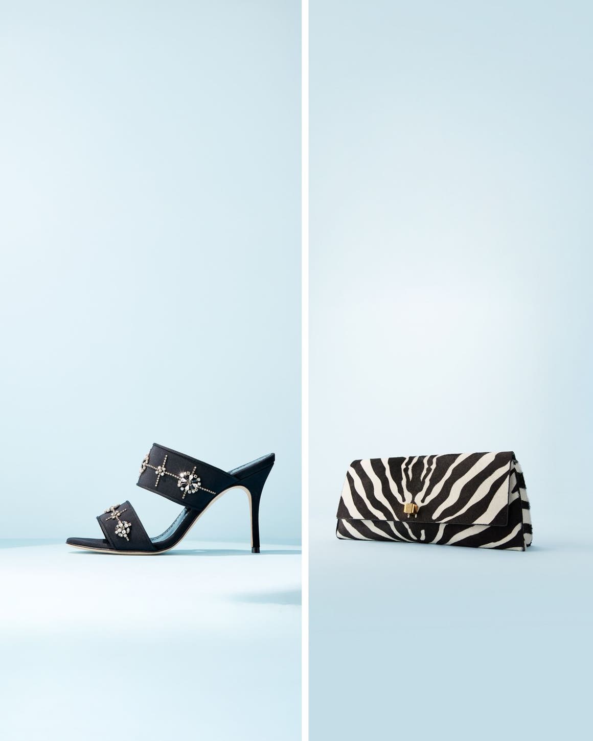 Manolo Blahnik embellished heels; Khaite zebra-print handbag.