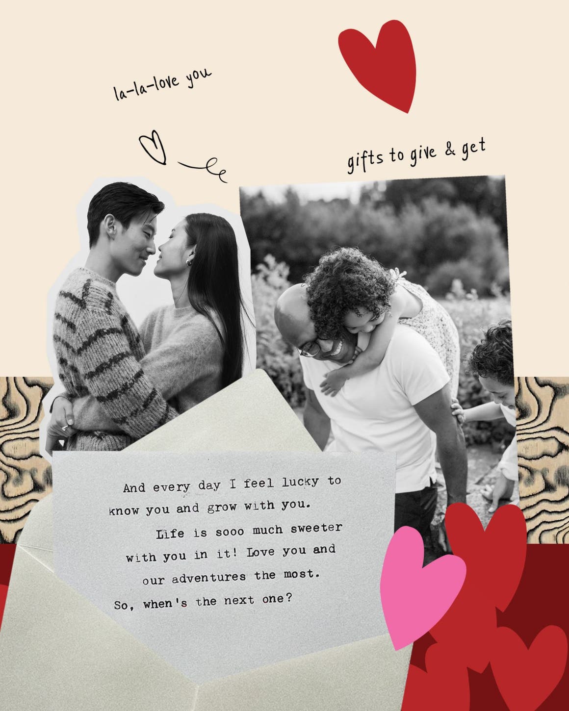 Valentine’s Day collage of black‑and‑white photos, hearts and a love note.