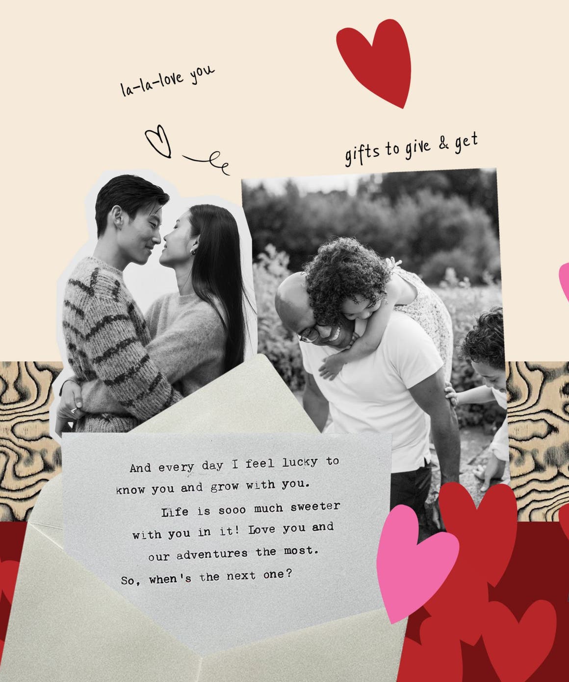 Valentine’s Day collage of black‑and‑white photos, hearts and a love note.