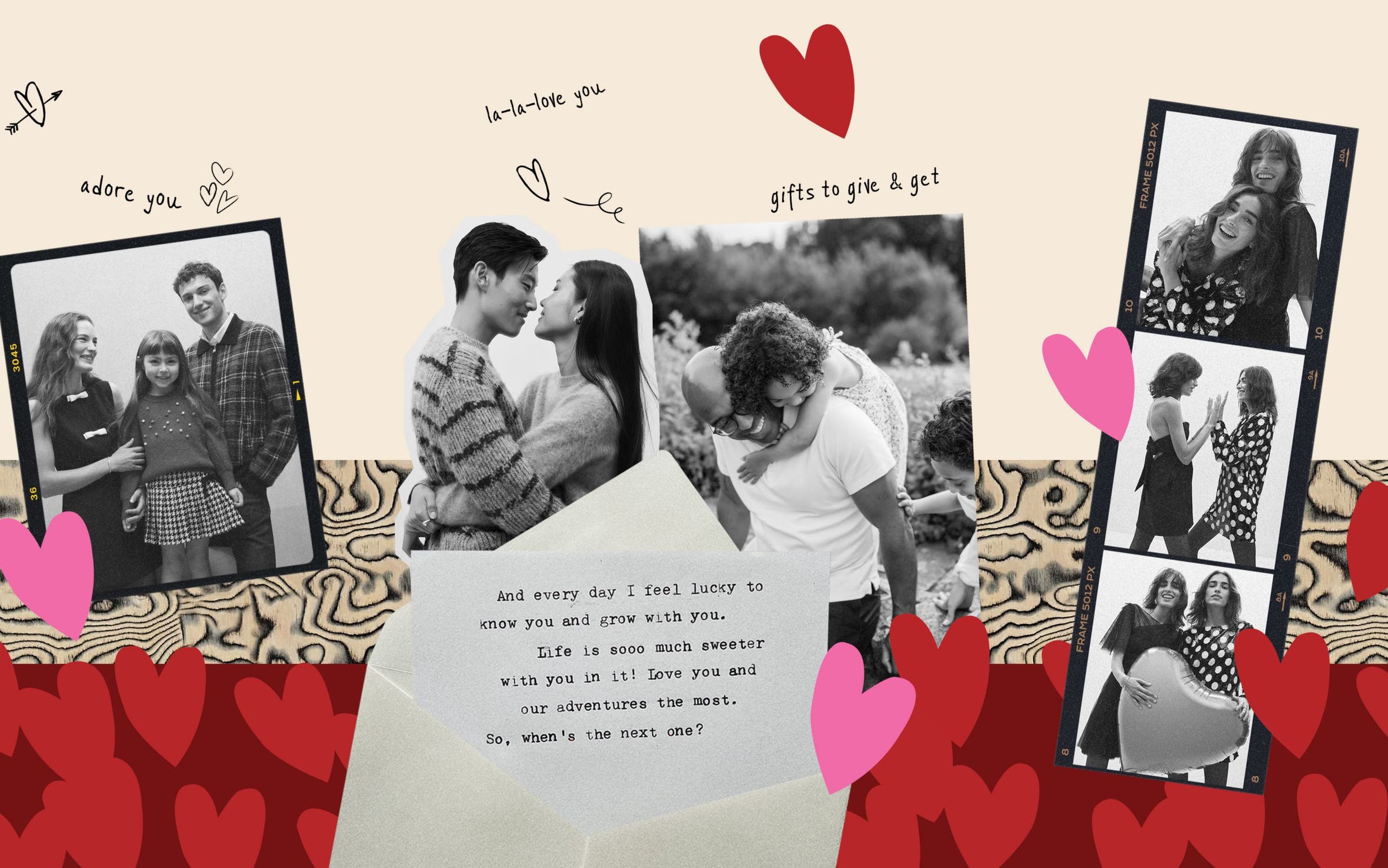 Valentine’s Day collage of black‑and‑white photos, hearts and a love note.