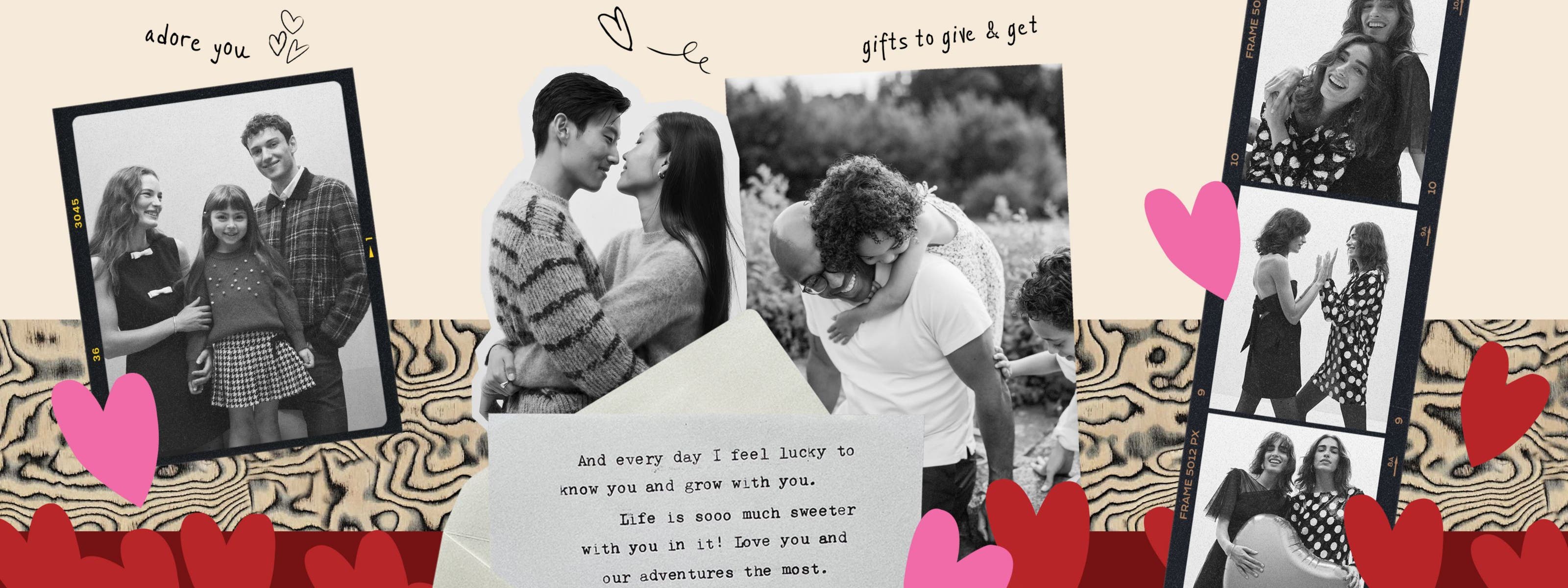 Valentine’s Day collage of black‑and‑white photos, hearts and a love note.