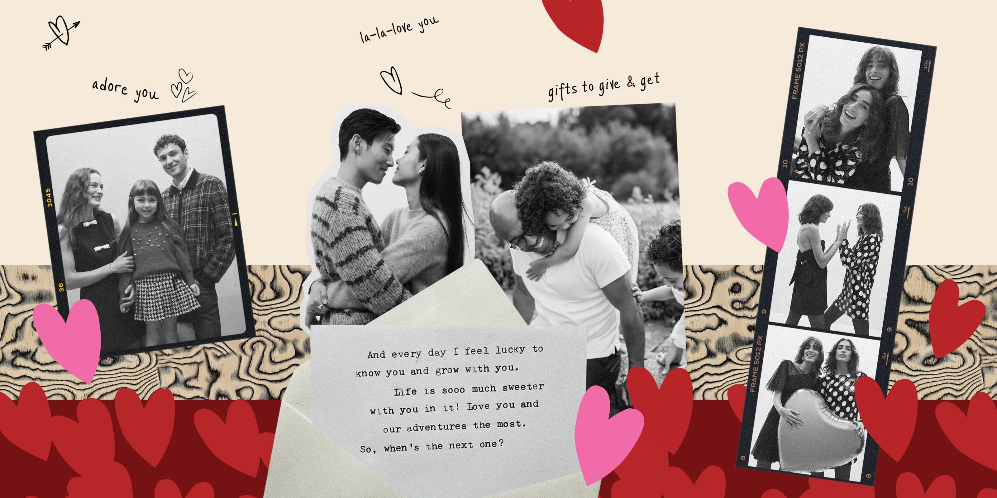 Valentine’s Day collage of black‑and‑white photos, hearts and a love note.
