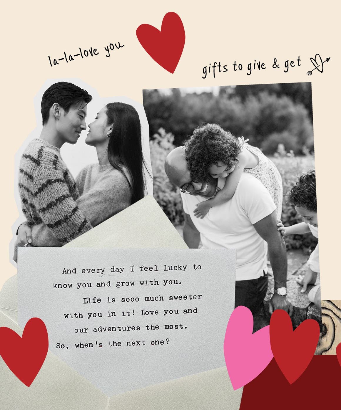 Valentine’s Day collage of black‑and‑white photos, hearts and a love note.