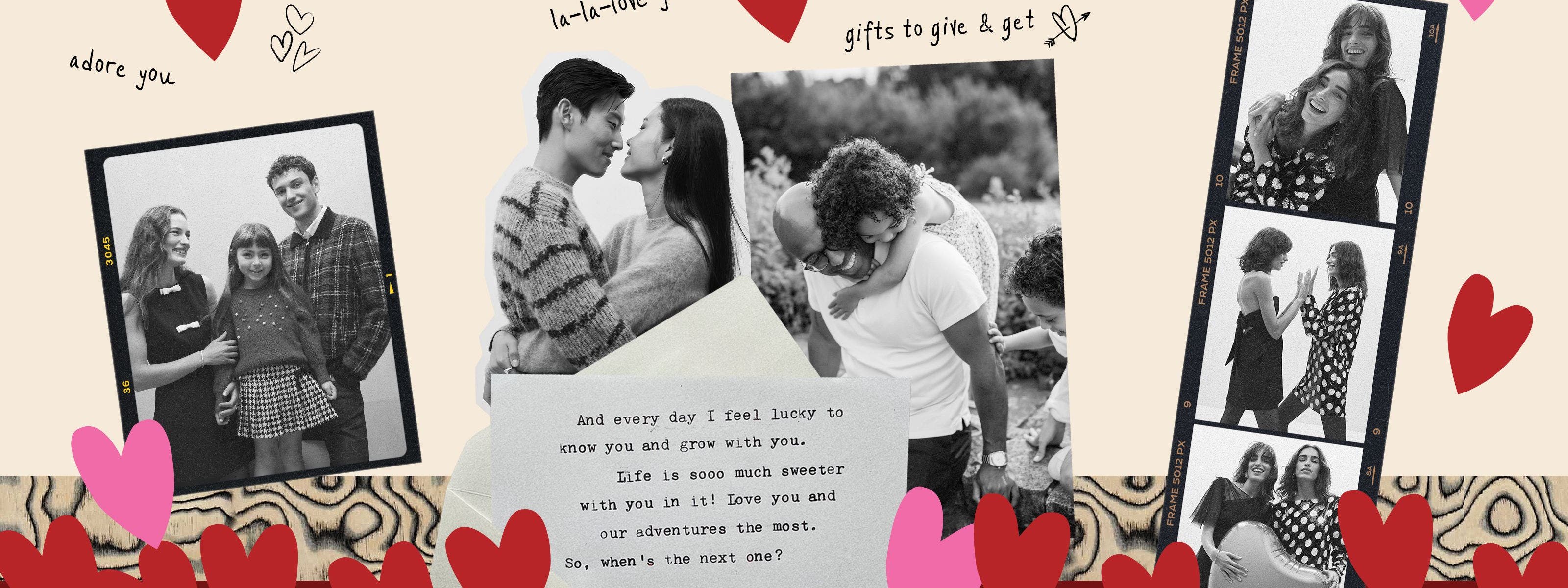 Valentine’s Day collage of black‑and‑white photos, hearts and a love note.