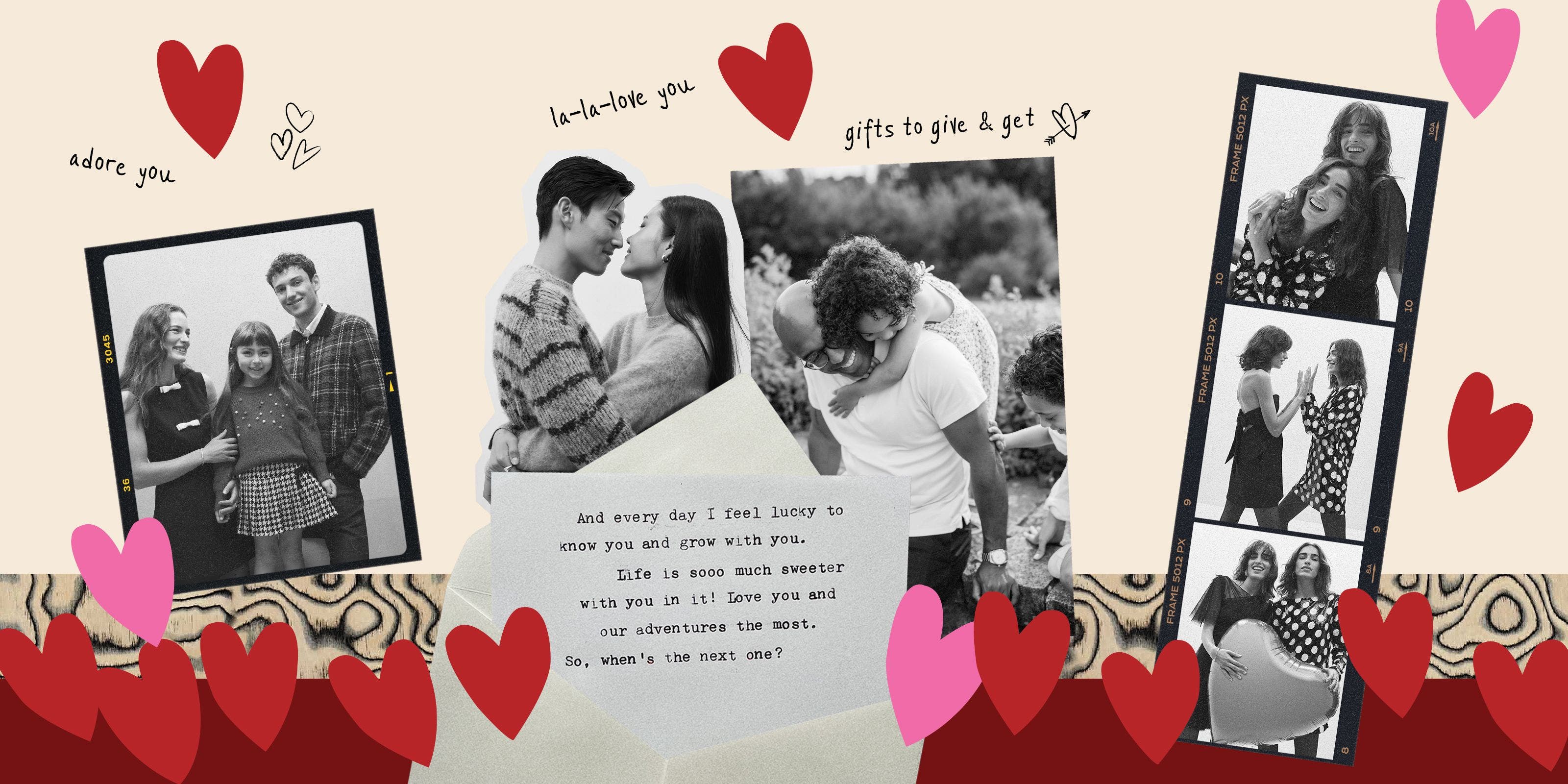 Valentine’s Day collage of black‑and‑white photos, hearts and a love note.