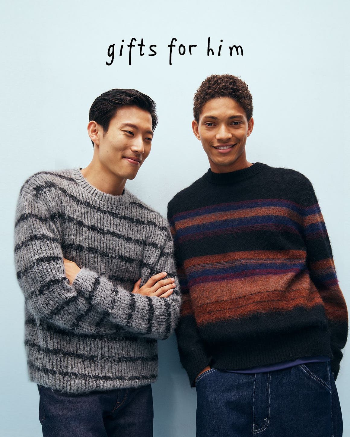 Gifts for him. Two men wearing sweaters. 