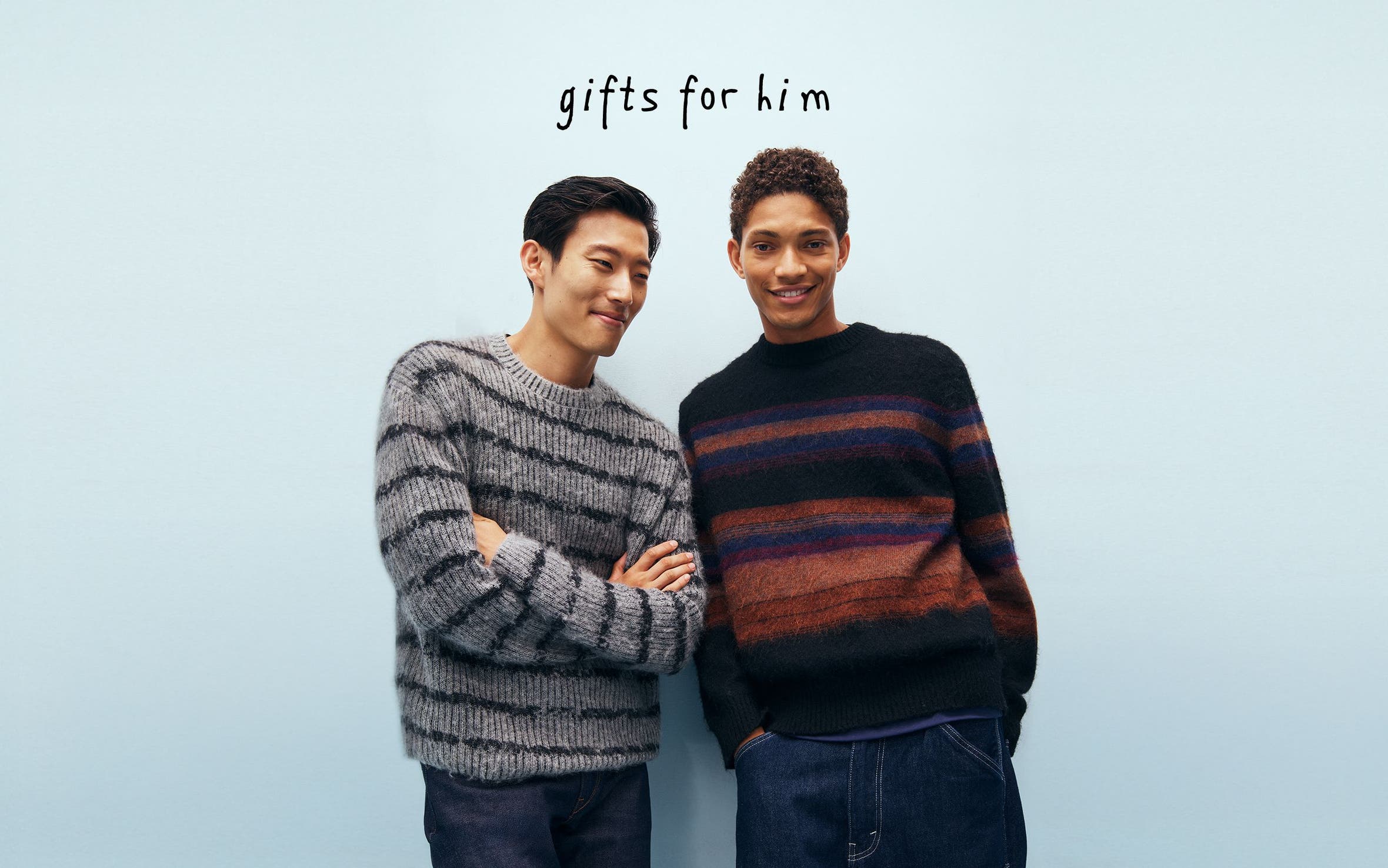 Gifts for him. Two men wearing sweaters. 
