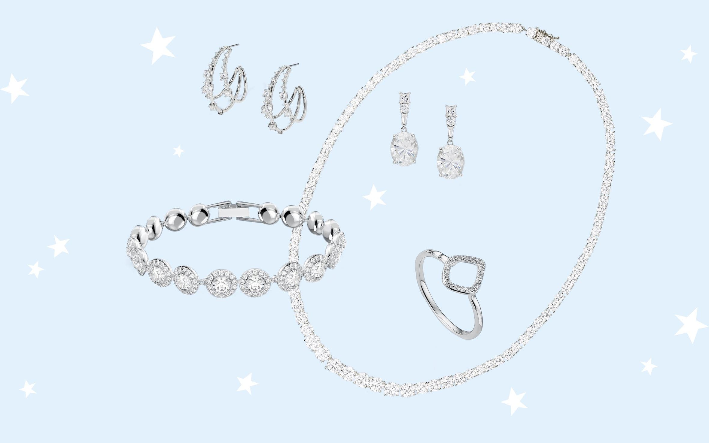 A bracelet, necklace, earrings and ring.