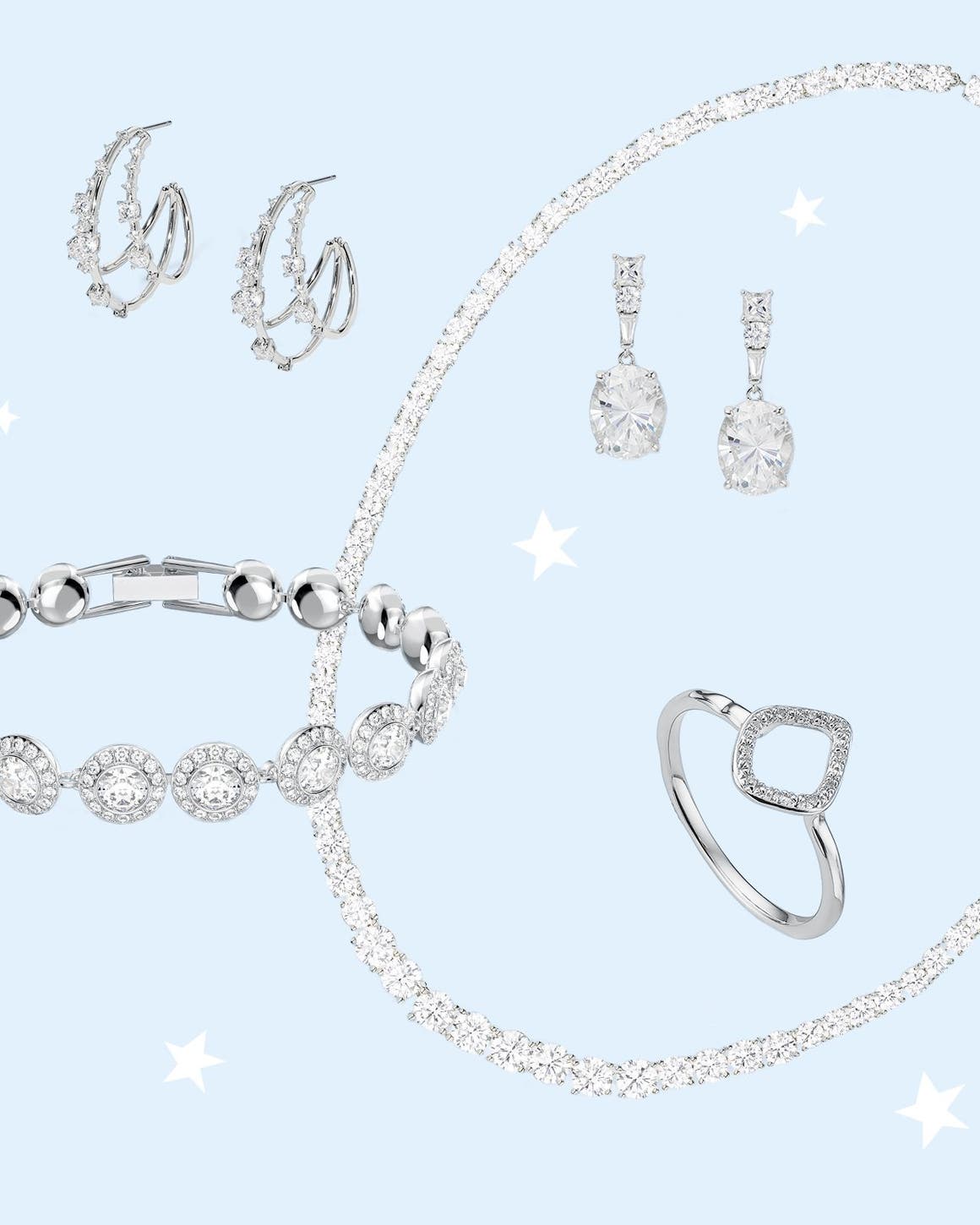 A bracelet, necklace, earrings and ring.