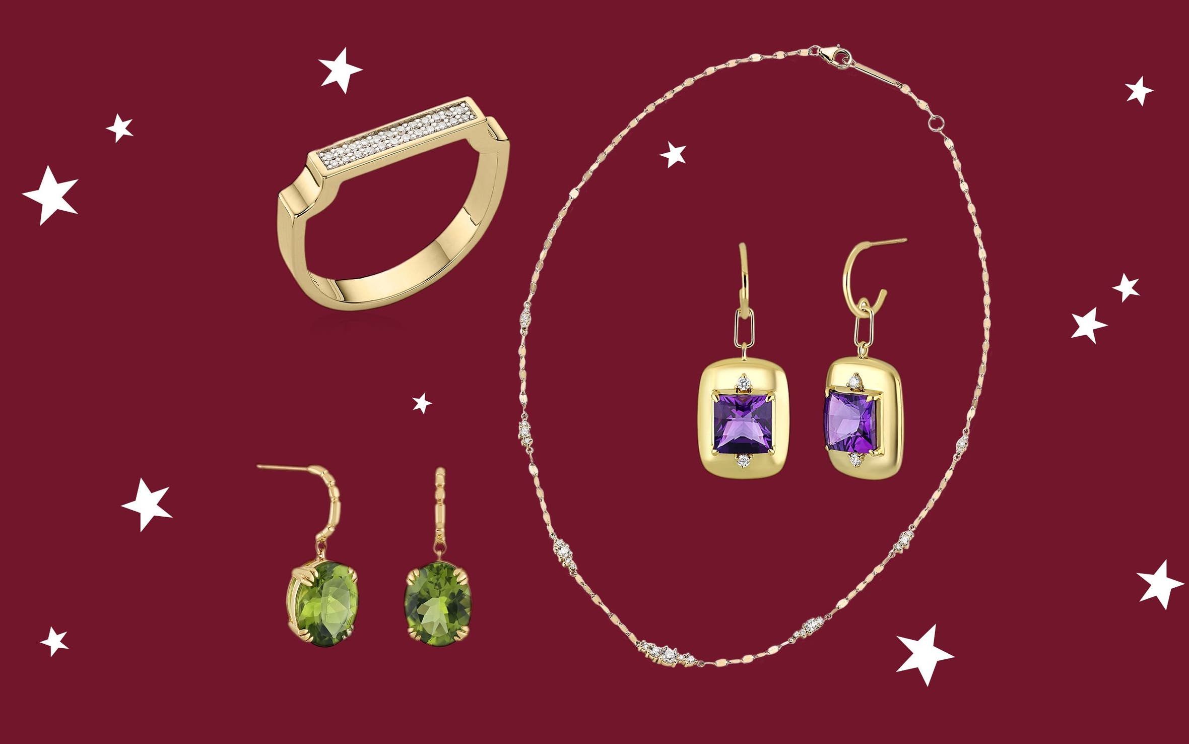 A bracelet, necklace and earrings.