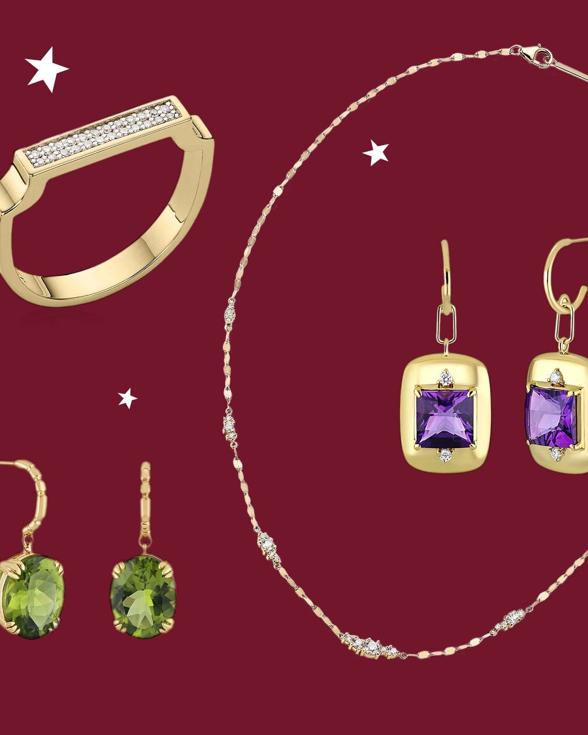 A bracelet, necklace and earrings.