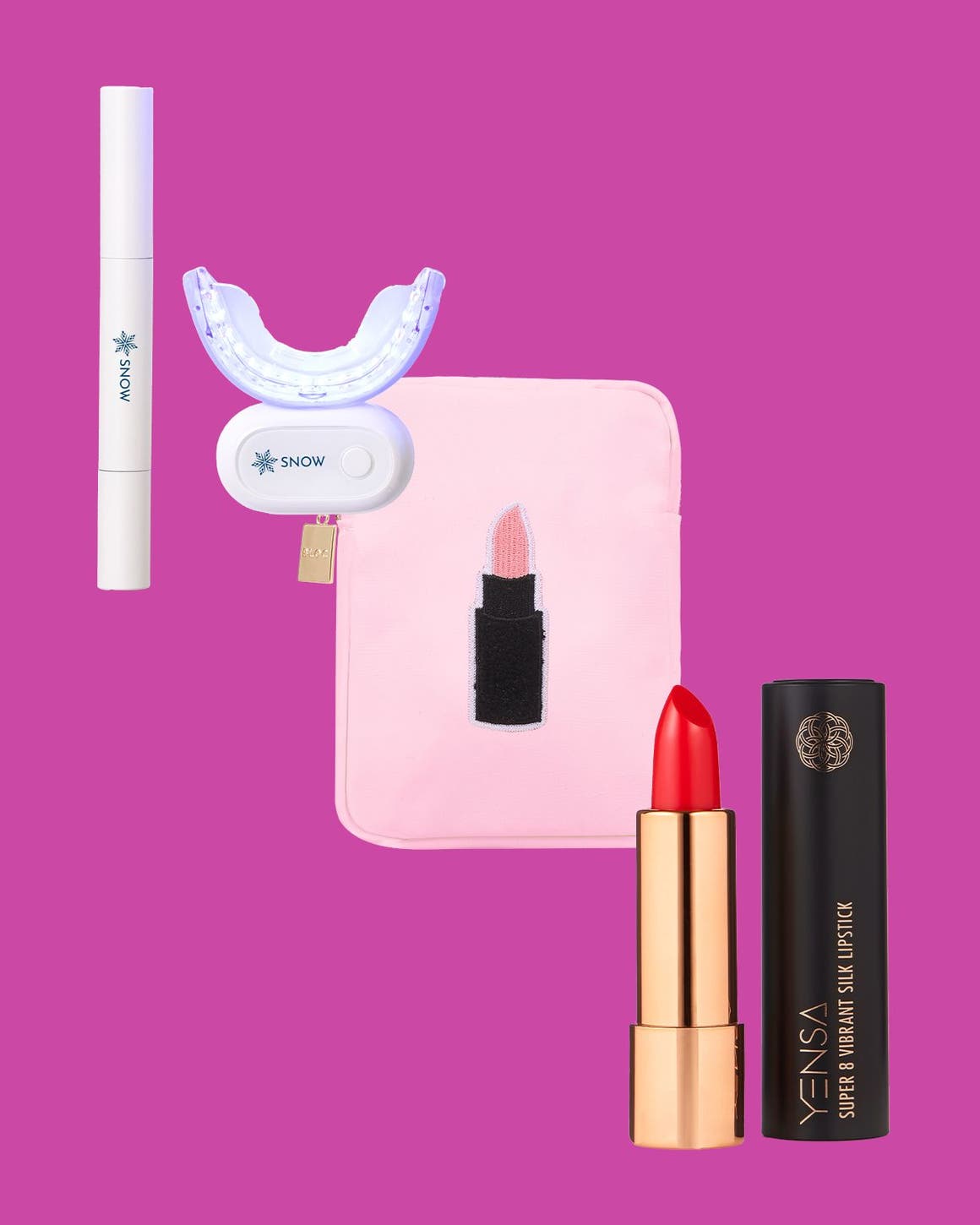 A collage of fragrance, makeup and skin care products.