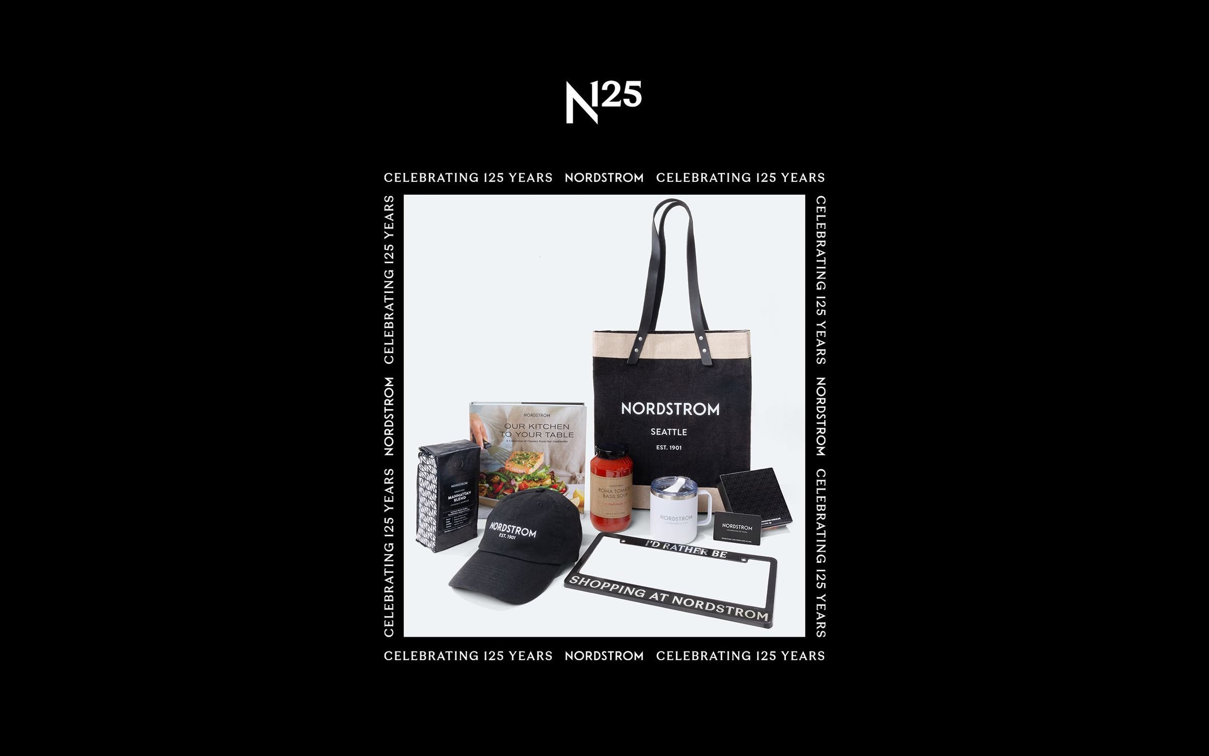 Celebrating 125 years. A selection of Nordstrom-branded prizes. 