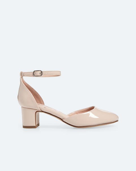 Patent leather ankle-strap pump.