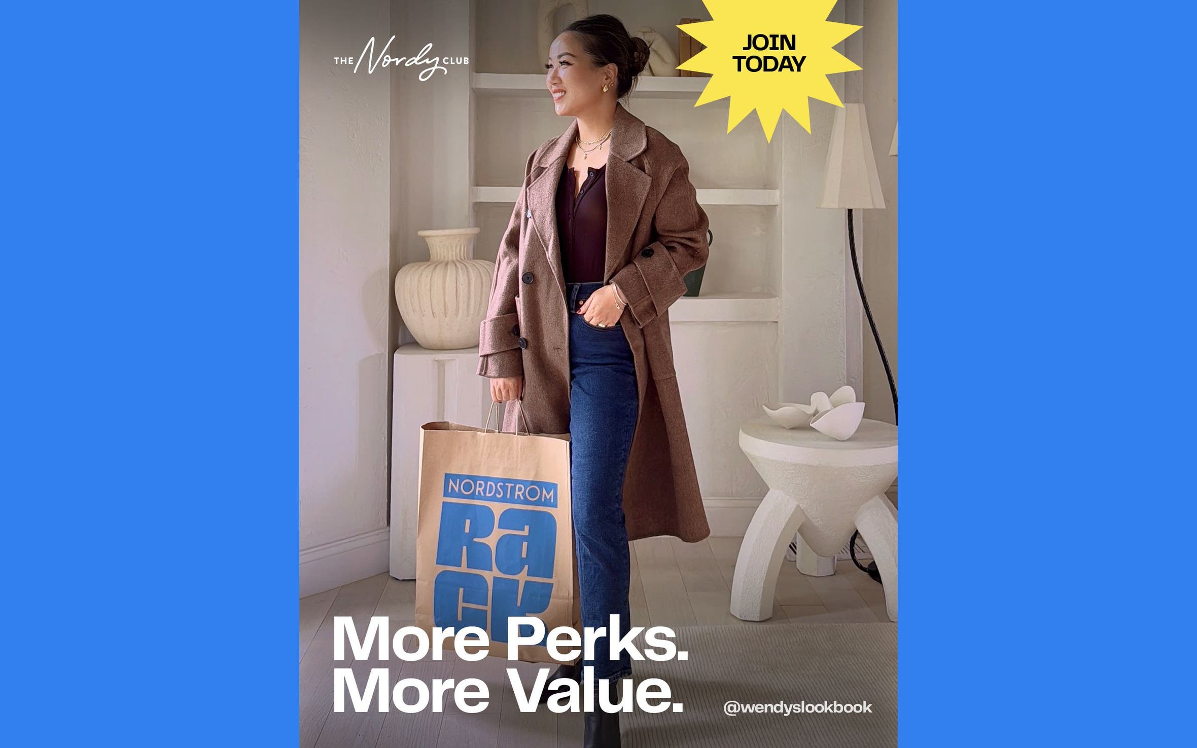 Join The Nordy Club today: more perks, more value. A woman holding a shopping bag.