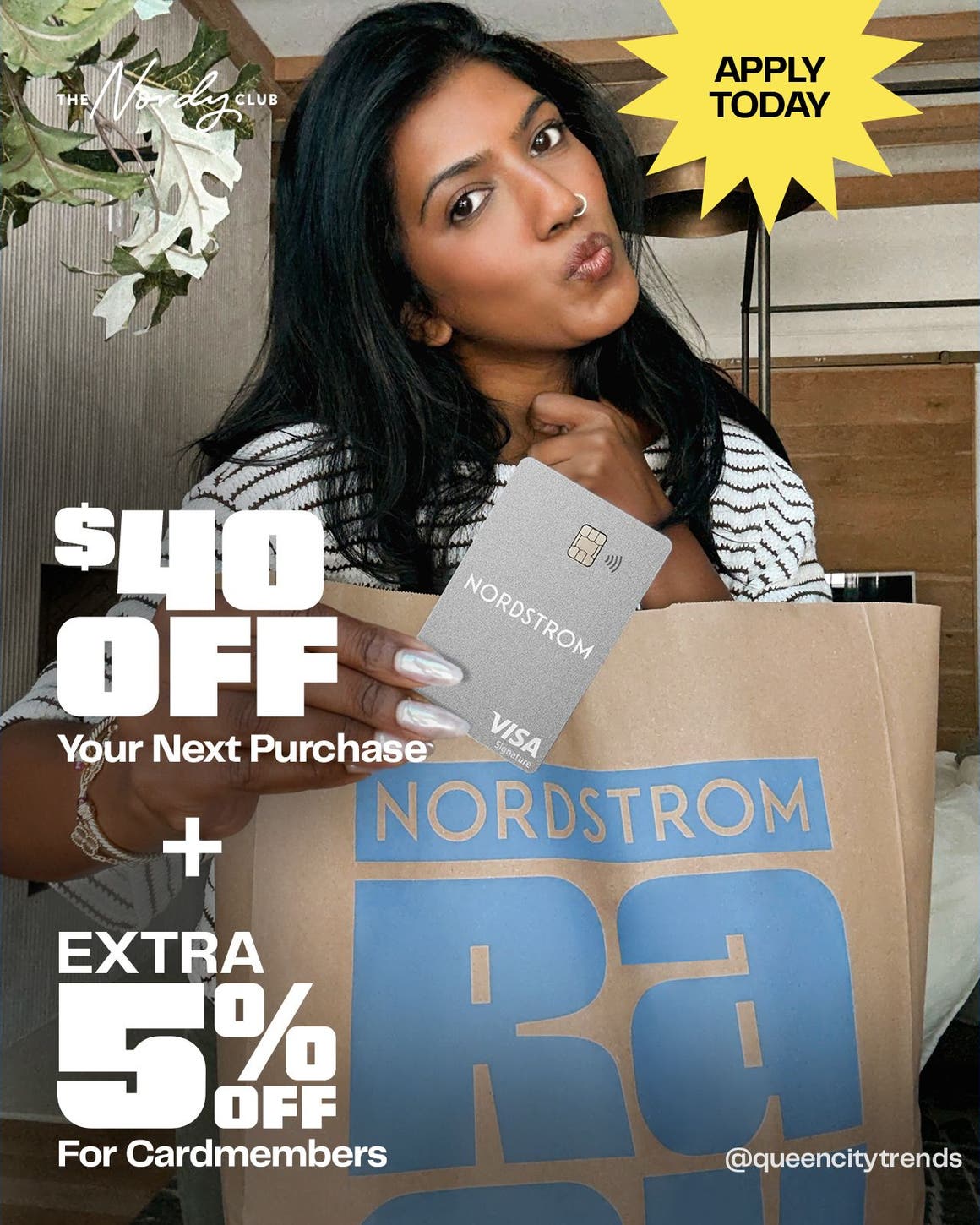 Apply today: get $40 off your next purchase plus an extra five percent off for cardmembers. A woman holding a credit card and a shopping bag.