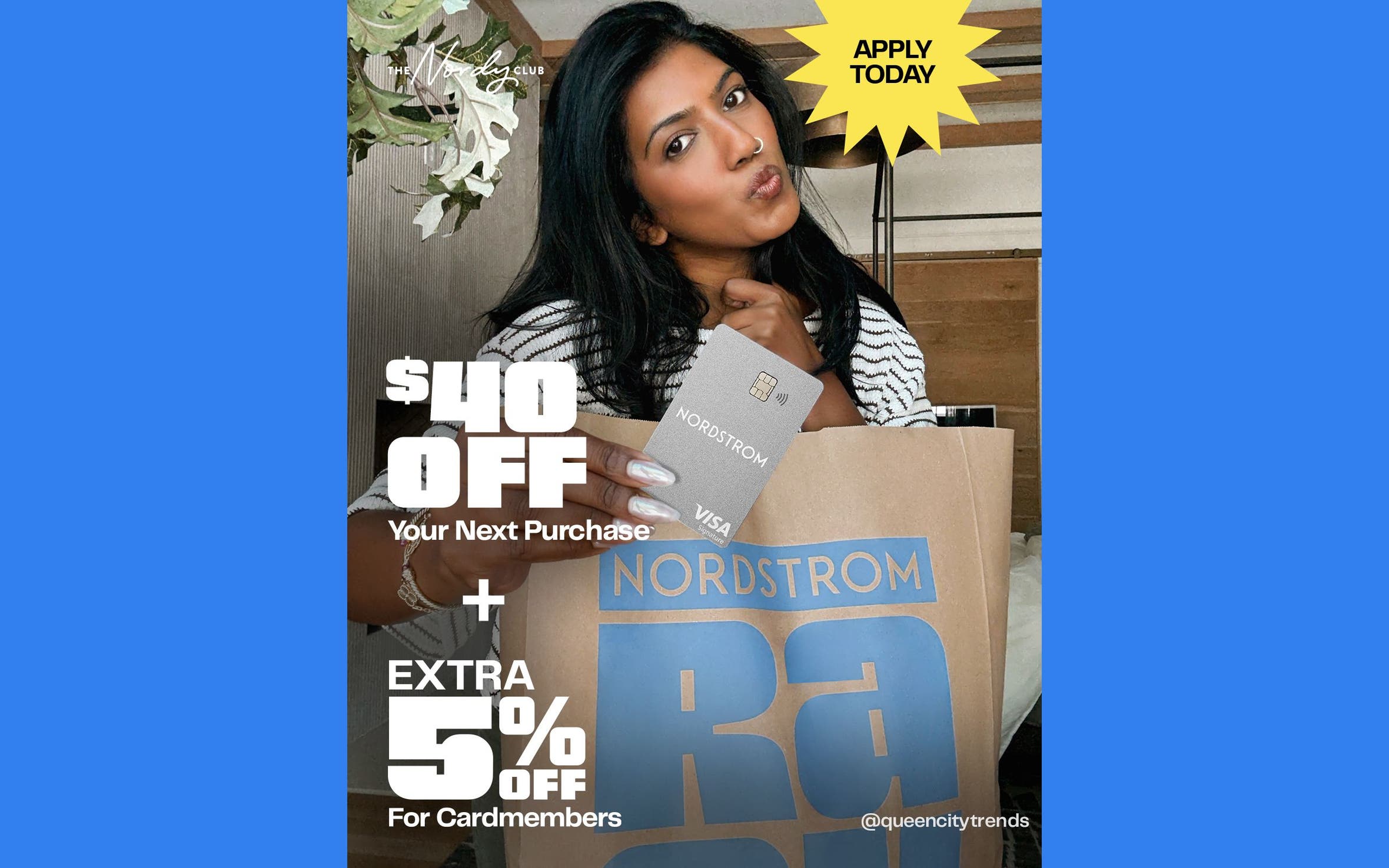 Apply today: get $40 off your next purchase plus an extra five percent off for cardmembers. A woman holding a credit card and a shopping bag.