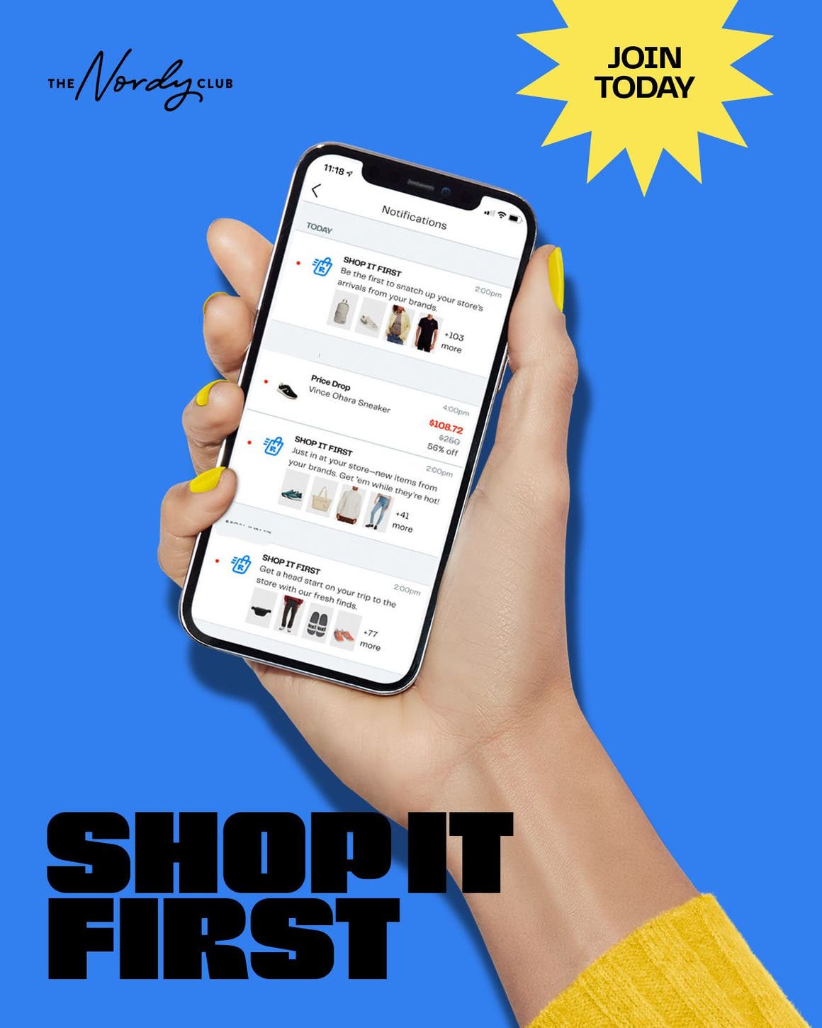 The Nordy Club: Join today to shop first. A hand holding a phone.