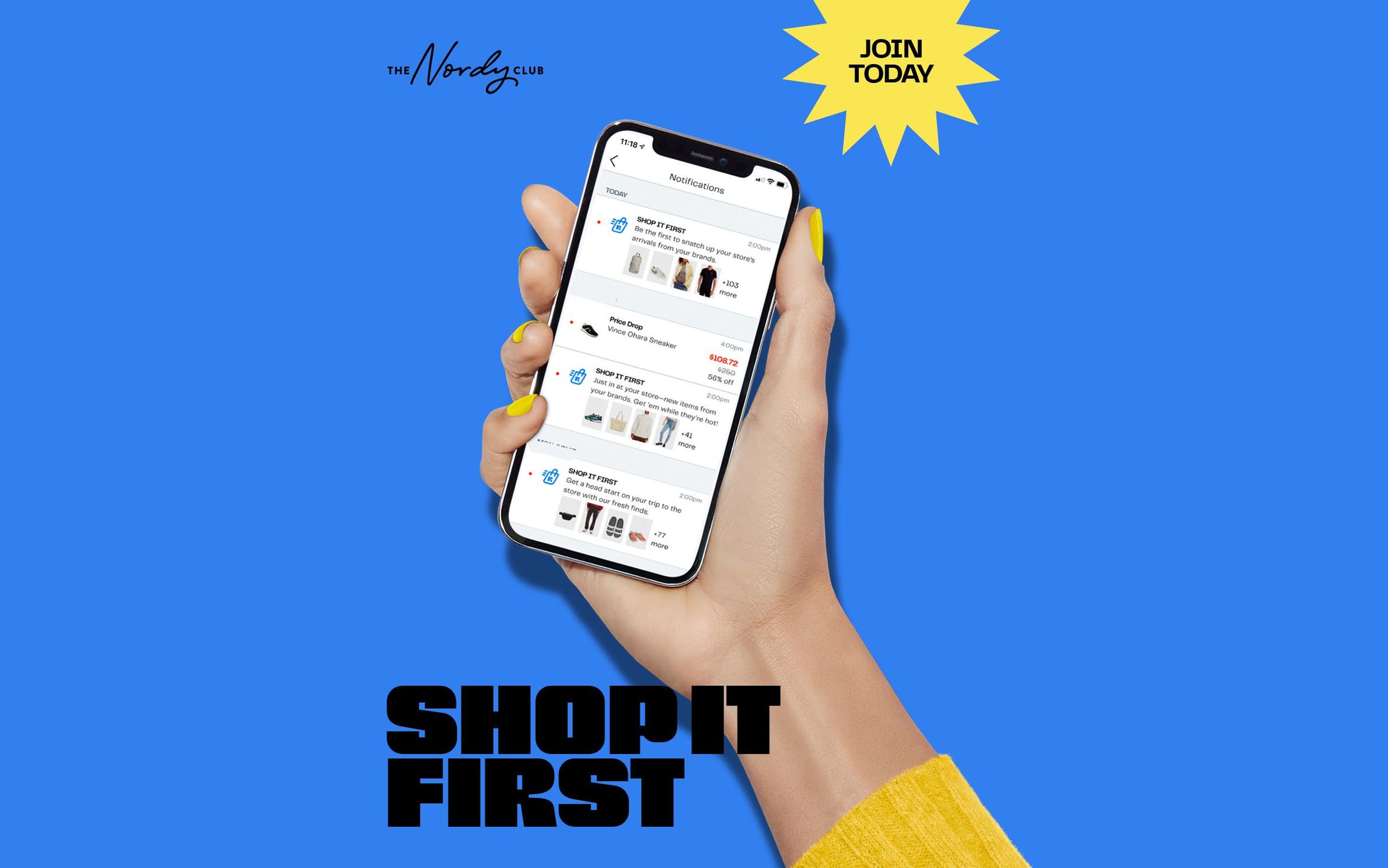 The Nordy Club: Join today to shop first. A hand holding a phone.
