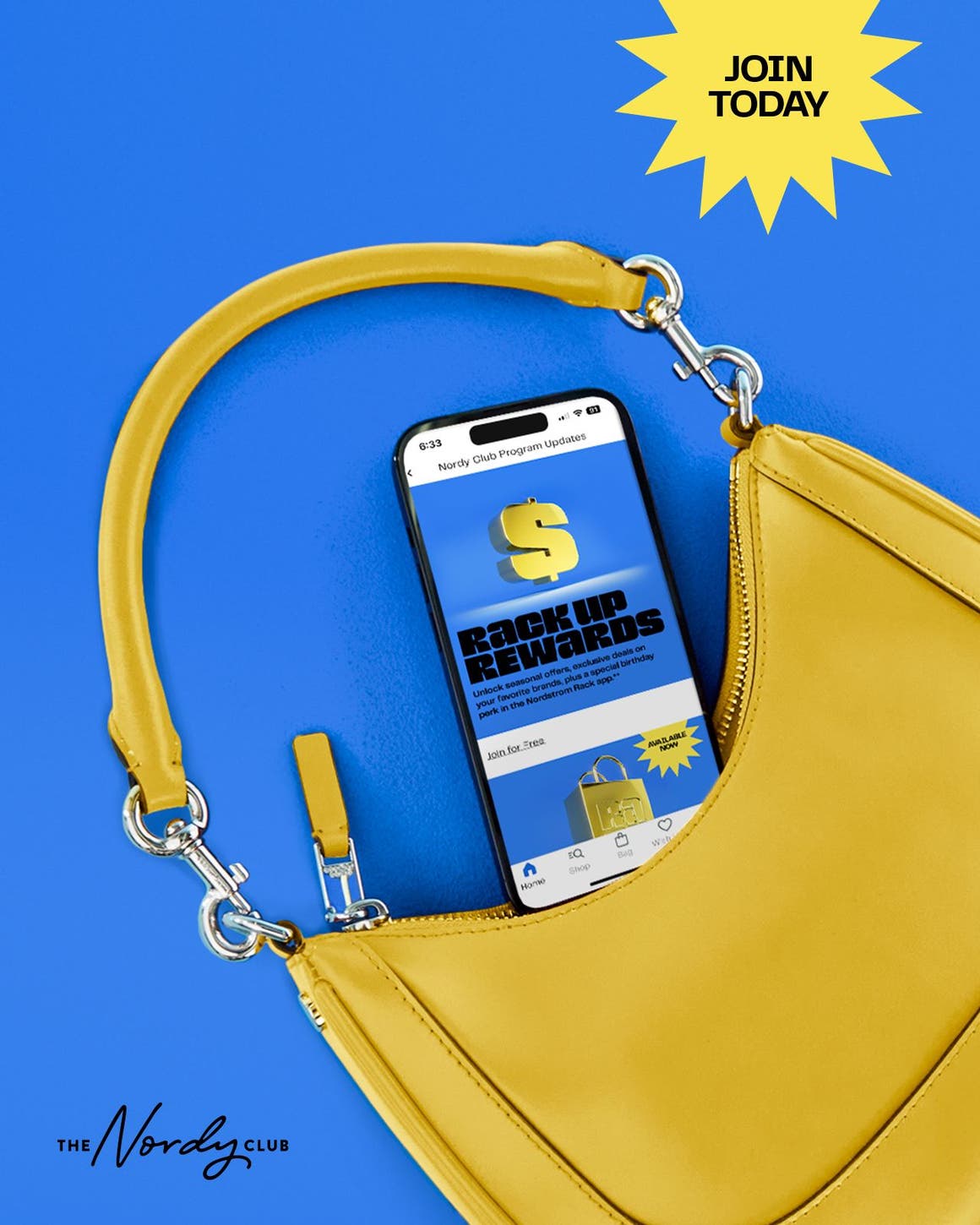 The Nordy Club: join today. A yellow handbag with a phone spilling out.