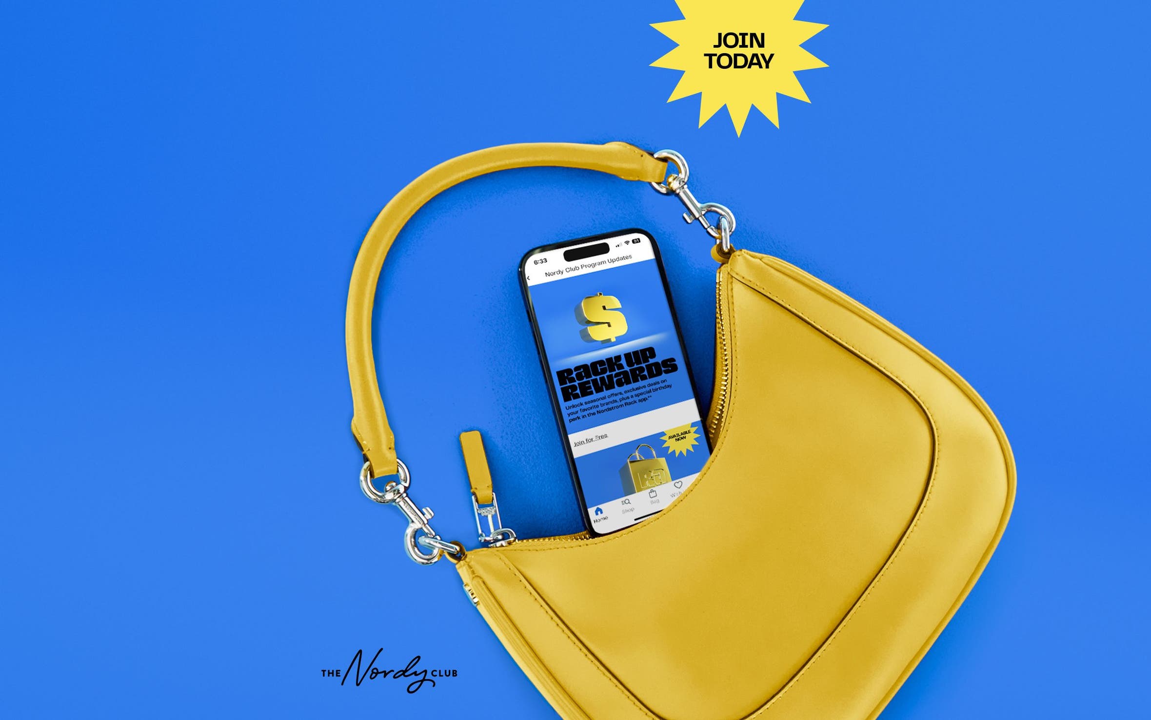 The Nordy Club: join today. A yellow handbag with a phone spilling out.