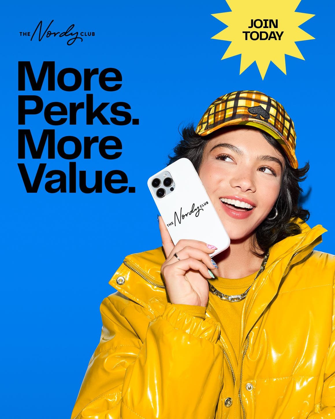Join today: more perks, more value. A woman wearing a yellow jacket.