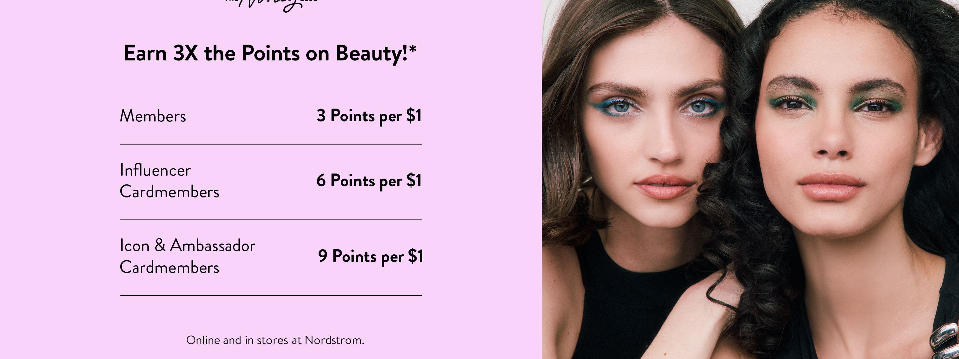 Earn 3X the points on beauty. Members: 3 points per $1. Influencer cardmembers: 6 points per $1. Icon & Ambassador cardmembers: 9 points per $1. 1,000 points equals $10 in Notes.