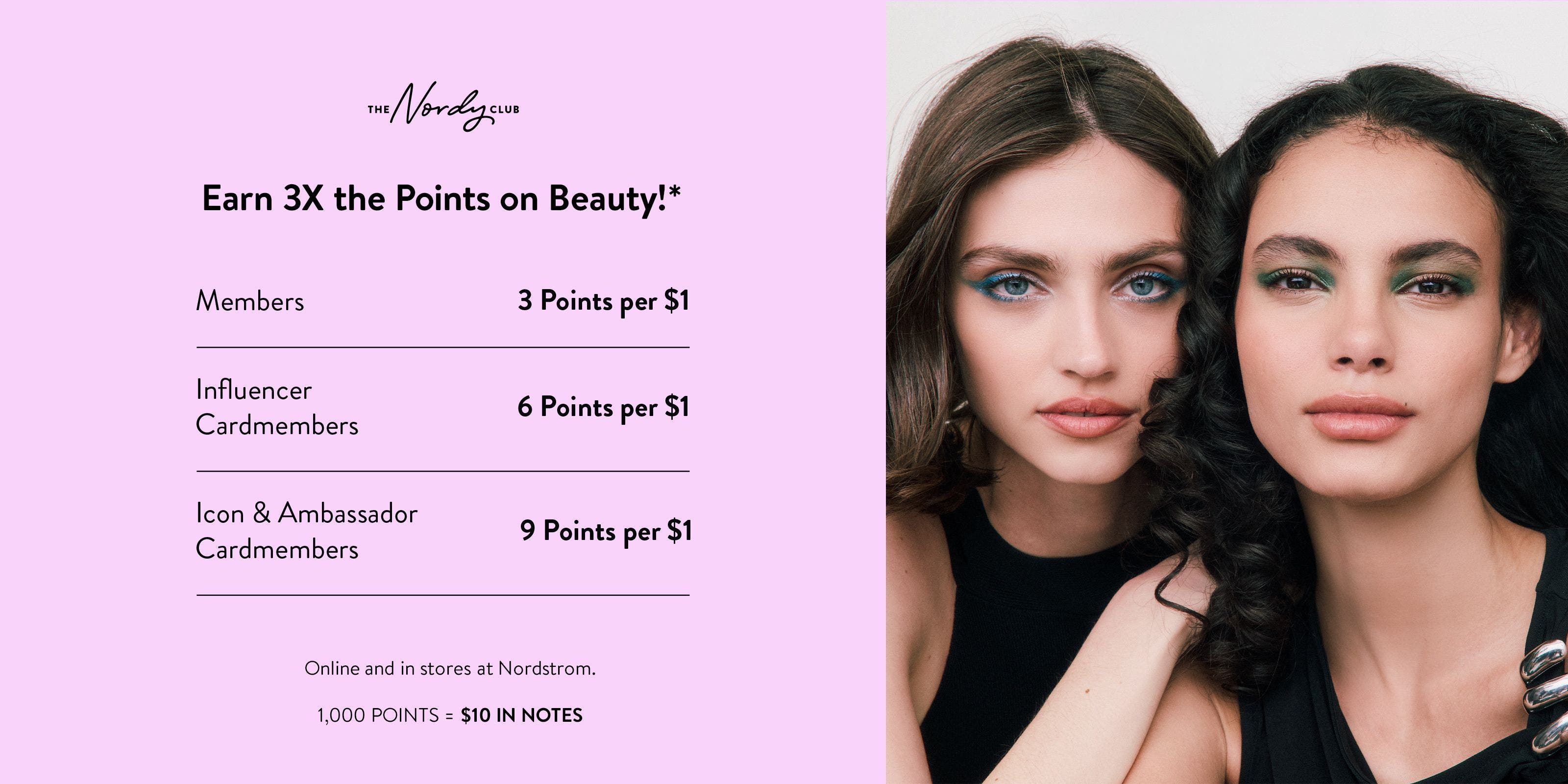 Earn 3X the points on beauty. Members: 3 points per $1. Influencer cardmembers: 6 points per $1. Icon & Ambassador cardmembers: 9 points per $1. 1,000 points equals $10 in Notes.