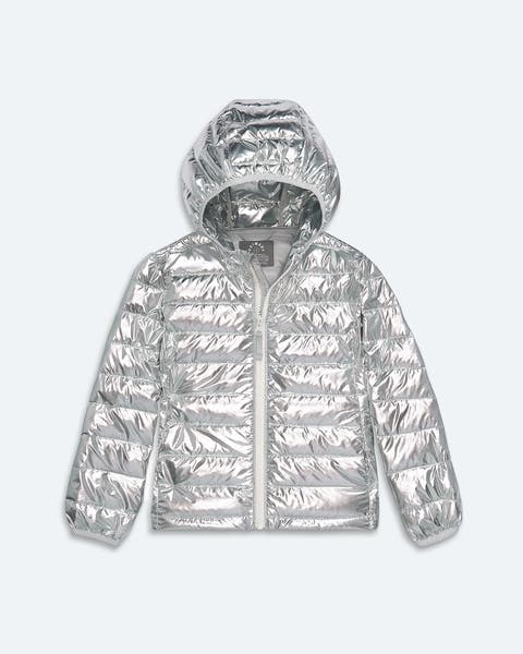 Shiny silver hooded puffer coat.