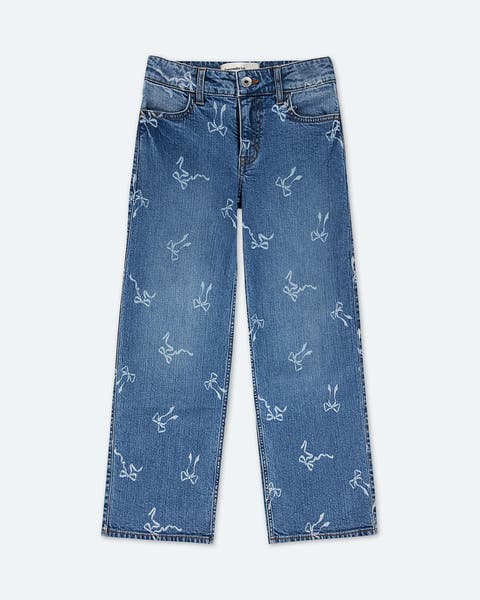Bow-printed wide-leg jeans.