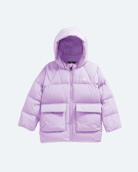 Lilac-colored hooded puffer coat from The North Face.