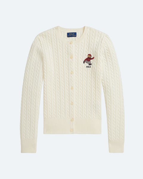Ralph Lauren Polo Bear-embroidered cable-knit cardigan sweater.