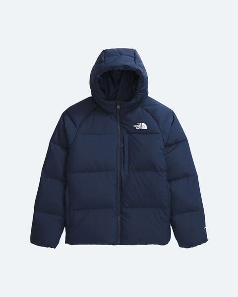 Navy blue hooded puffer coat from The North Face.