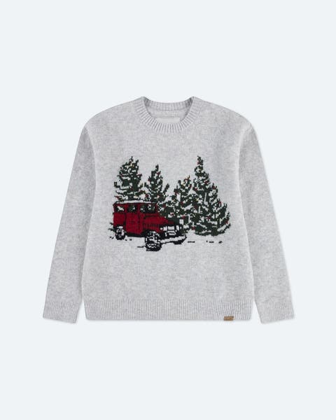 Holiday sweater patterned with fir trees and an old-fashioned red truck.