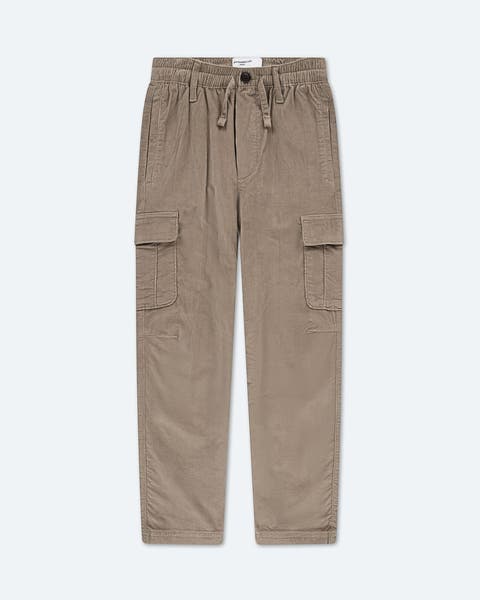 Khaki cargo pants with elastic waist.