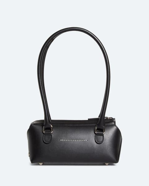 Black leather shoulder bag with long straps and gold hardware