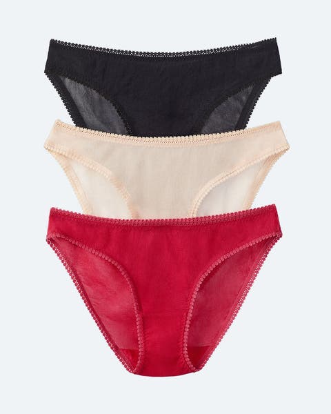Black, tan and red mesh underwear.