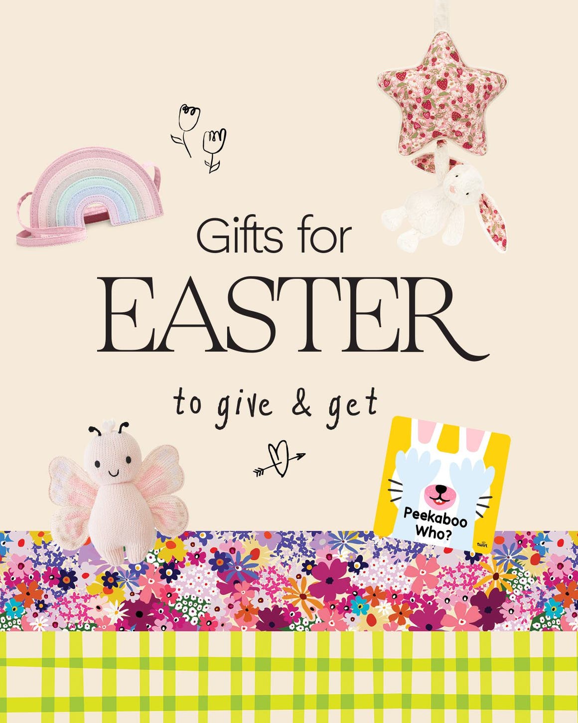 Easter gifts to give & get: a collage of kids' toys, including stuffed animals and board books.