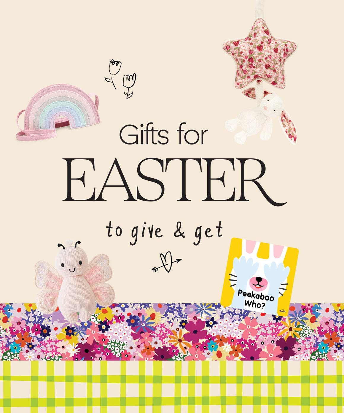 Easter gifts to give & get: a collage of kids' toys, including stuffed animals and board books.