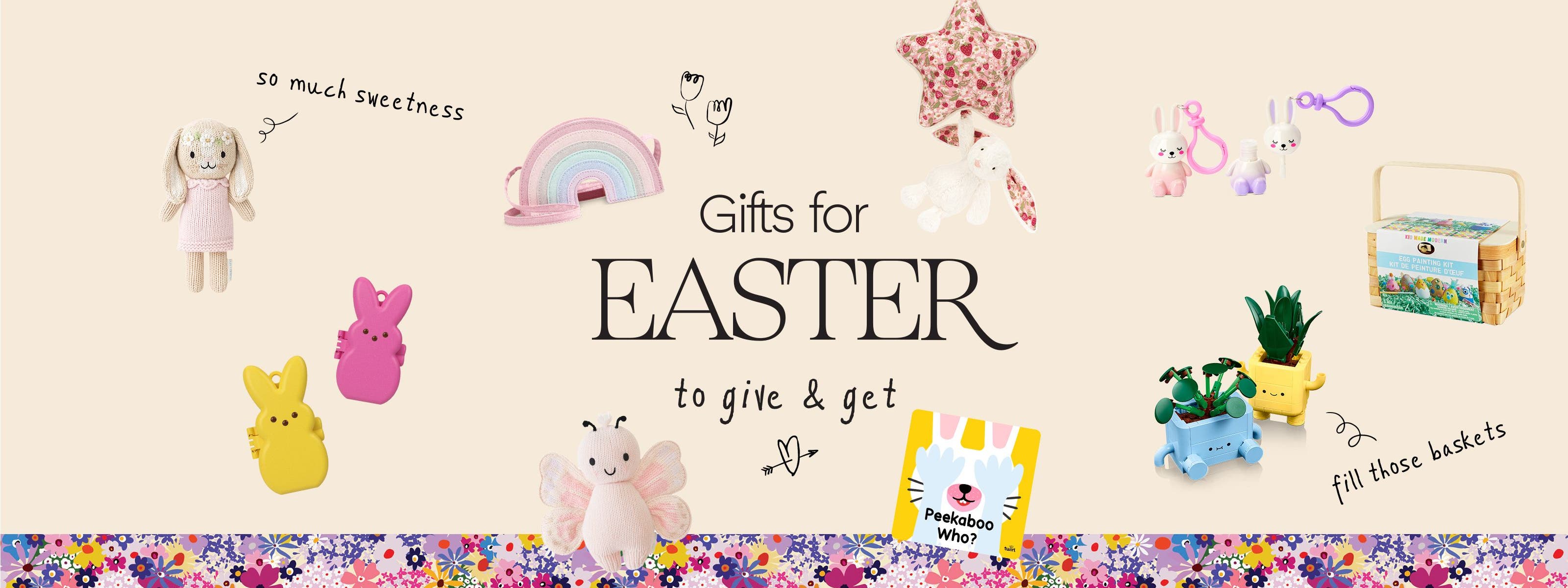 Easter gifts to give & get: a collage of kids' toys, including stuffed animals and board books.