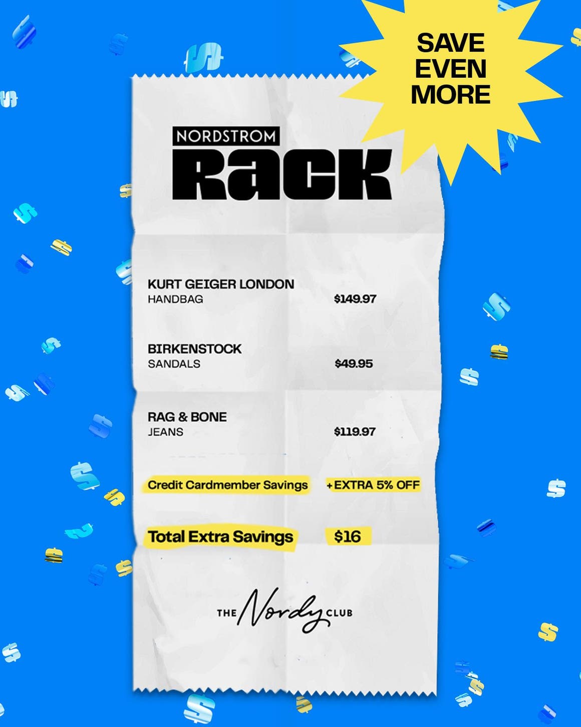 A Nordstrom Rack receipt shows how much a credit cardmember can save. 