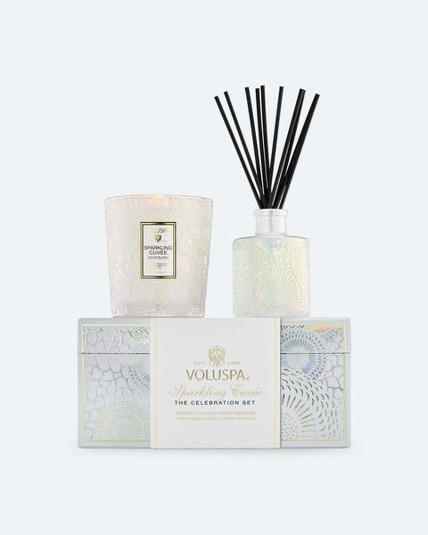 Voluspa Sparkling Cuvee candle and reed diffuser set.