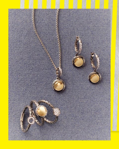 A necklace, earrings and rings.